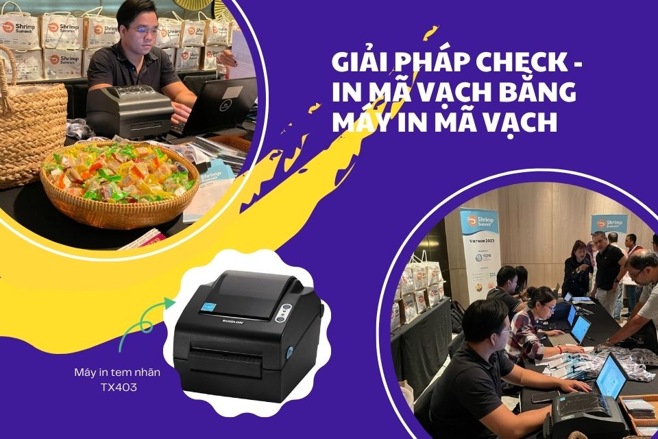 Thiết bị của giải pháp check-in và in thẻ đeo cho khách mời tại Shrimp Summit