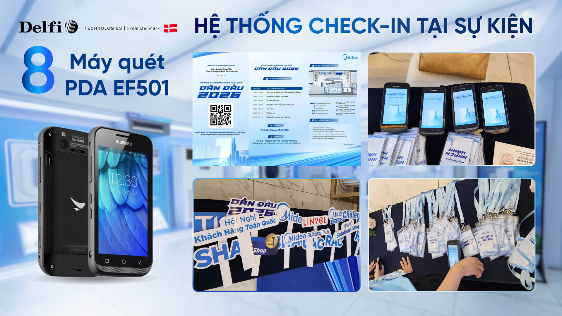Các thiết bị hoạt động cho check-in sự kiện tại hội nghị khách hàng Midea 2026