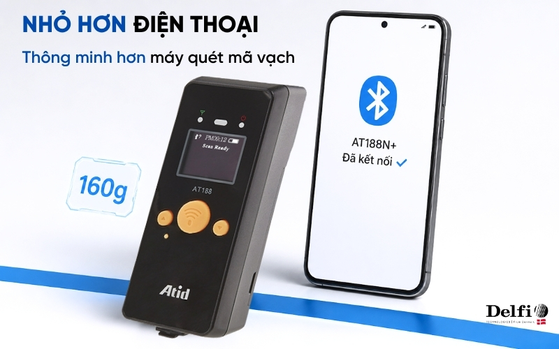 ATID AT188N Plus đầu đọc RFID Bluetooth nhỏ gọn 160g so sánh kích thước điện thoại