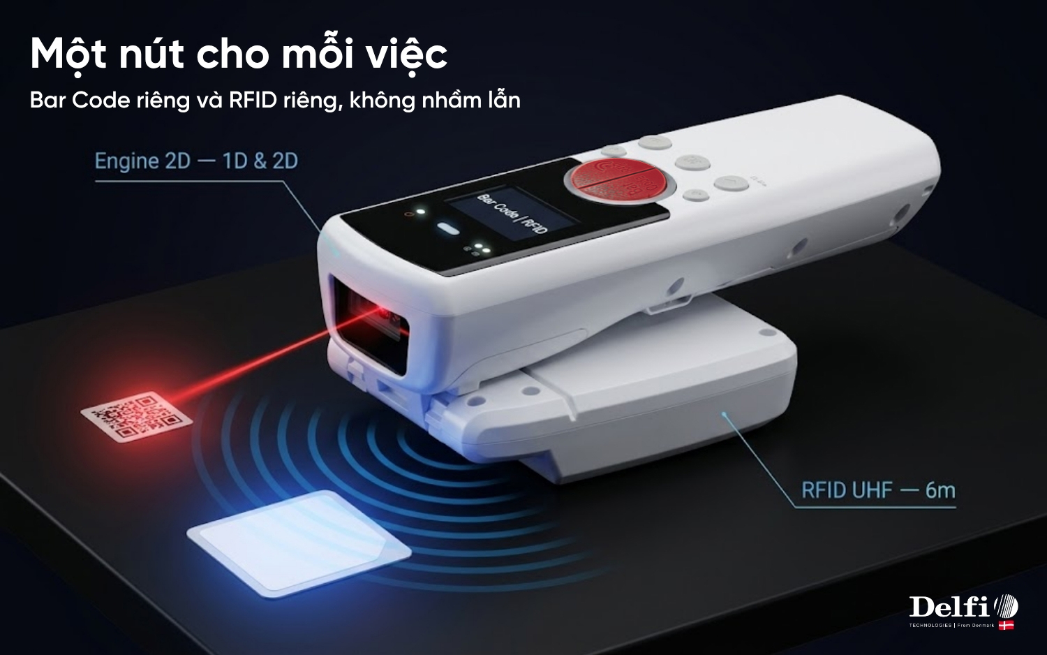 Cận cảnh nút bấm kép Bar Code và RFID cùng engine quét 2D trên ATID AT388
