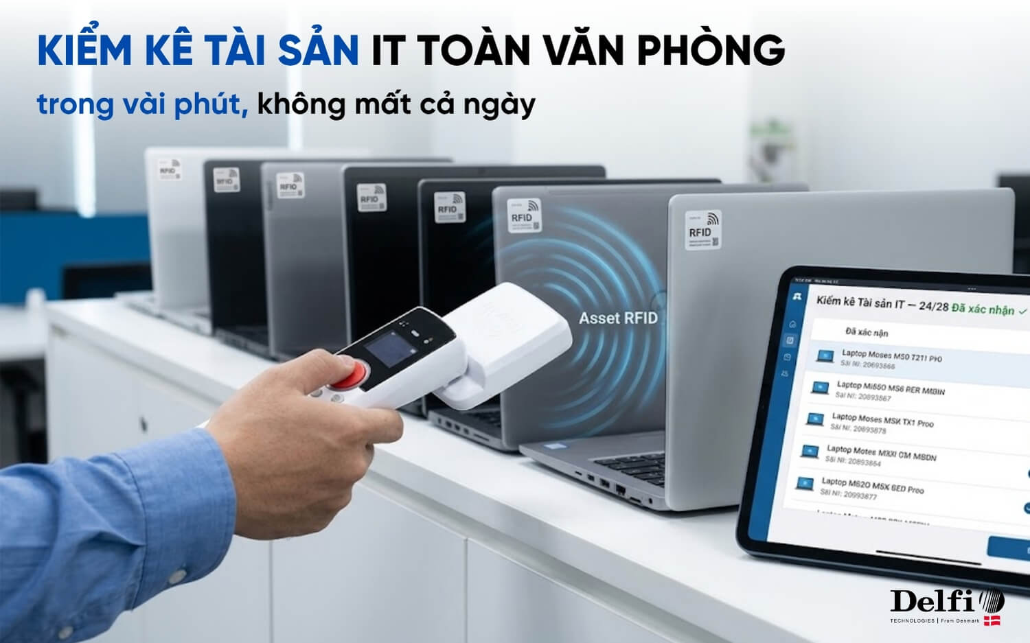 ATID AT388 đang kiểm kê tài sản IT máy tính văn phòng bằng RFID Bluetooth