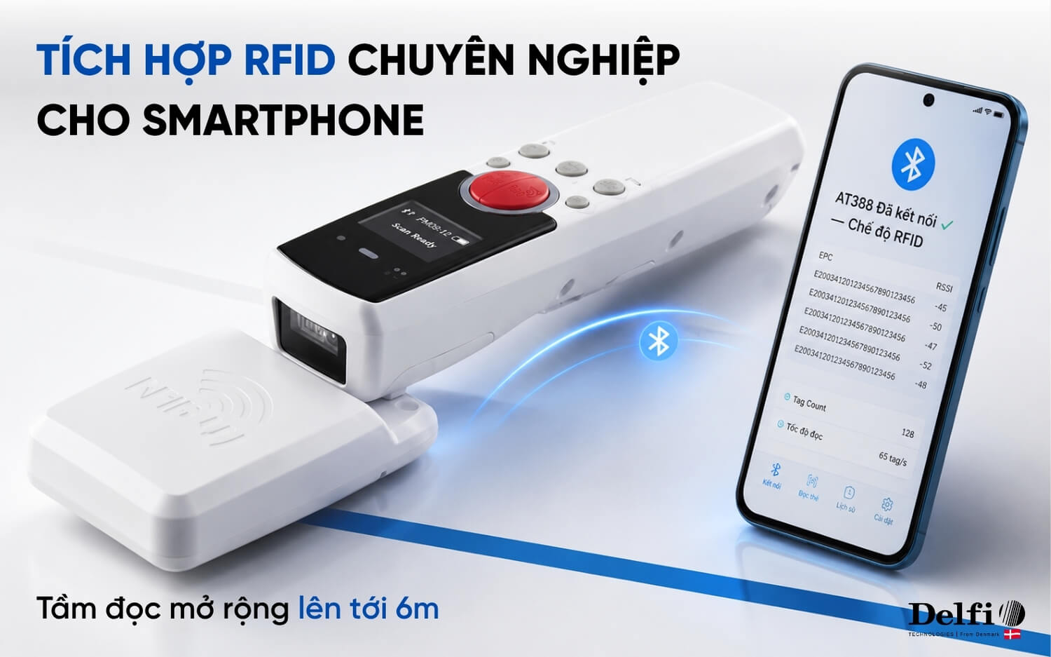 Đầu đọc RFID Bluetooth ATID AT388 kết nối smartphone Android Delfi