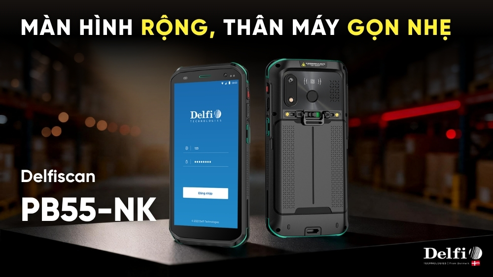 Delfiscan PB55-NK kết hợp màn hình 5,5 inch với thân máy gọn nhẹ 249 g dành cho kho vận và giao nhận.