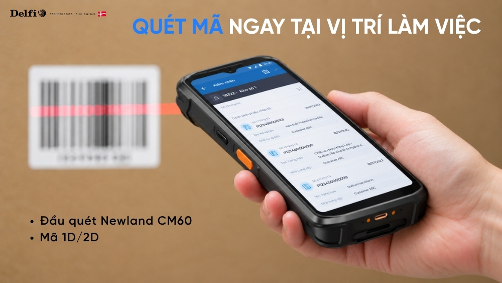 ầu quét Newland CM60 hỗ trợ đọc mã 1D và 2D trong quy trình nhập xuất và kiểm kê