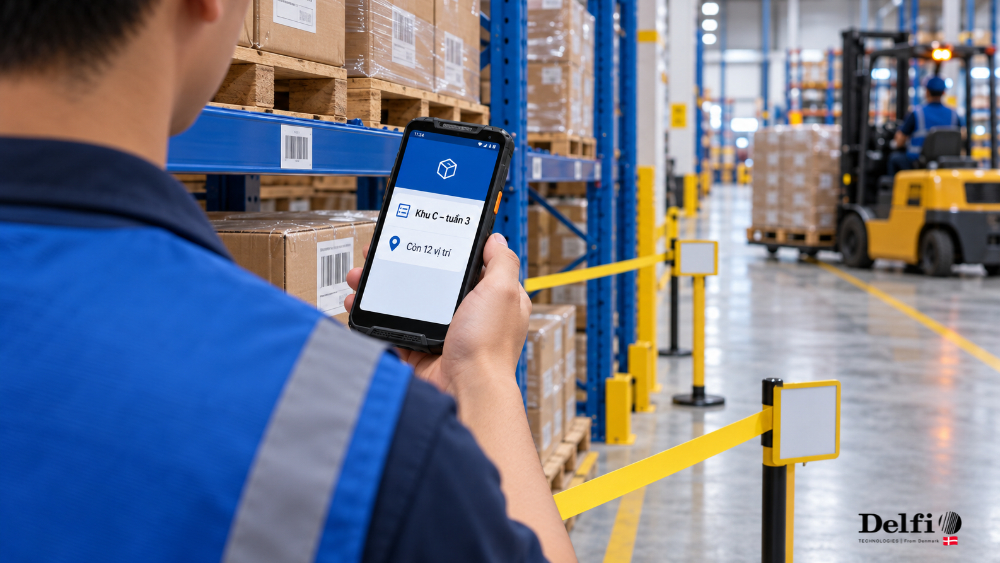 Nhân viên kiểm một khu kệ bằng PDA trong giải pháp kiểm kê định kỳ