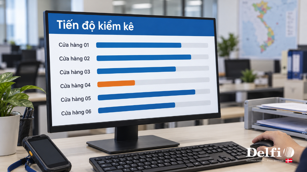 Màn hình theo dõi tiến độ kiểm kê chuỗi cửa hàng tại trung tâm vận hành
