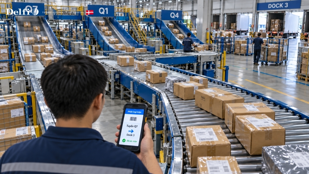 Phân loại kiện theo tuyến bằng máy kiểm kho logistics trong trung tâm khai thác