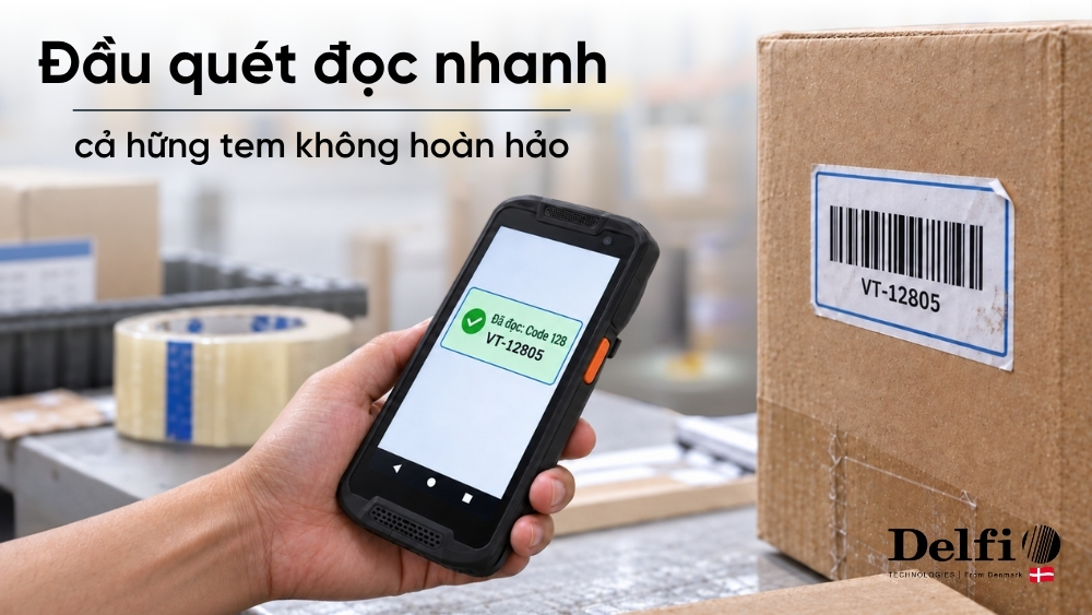 Máy kiểm kho mã vạch đọc tem 1D trên thùng hàng tại bàn đóng gói