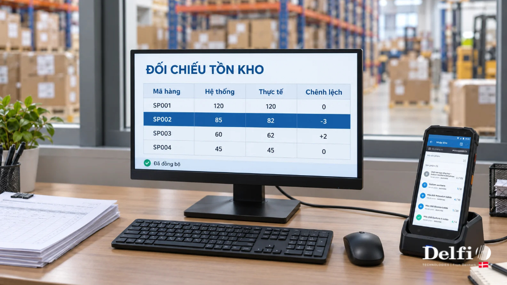 Máy kiểm kho PDA đồng bộ số liệu về bảng đối chiếu tồn kho trên máy tính