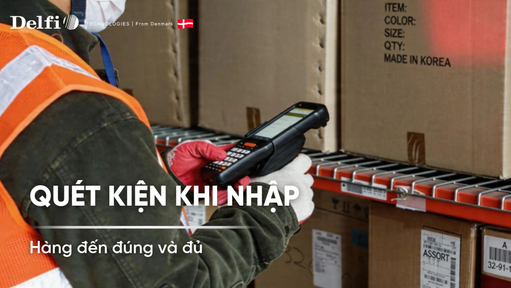 Máy kiểm kho logistics quét nhãn vận đơn tại dock nhận hàng