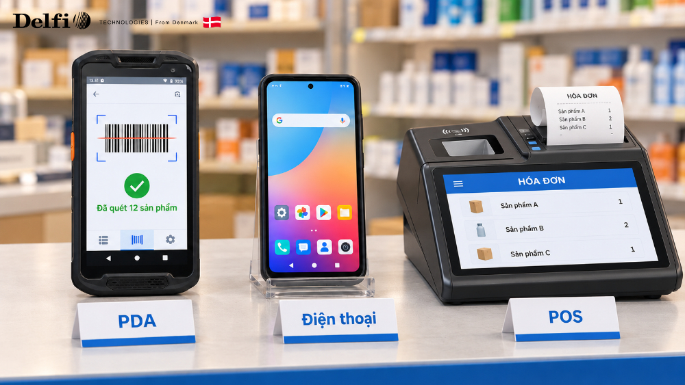 So sánh máy PDA với điện thoại thường và máy POS đặt trên quầy cửa hàng