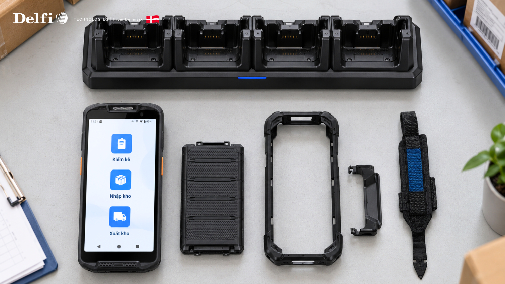 Bộ thiết bị PDA gồm máy, pin dự phòng, đế sạc và ốp bảo vệ xếp gọn