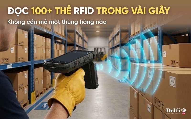 Máy ATID AT909 đang đọc RFID UHF hàng loạt thùng hàng trong kho logistics