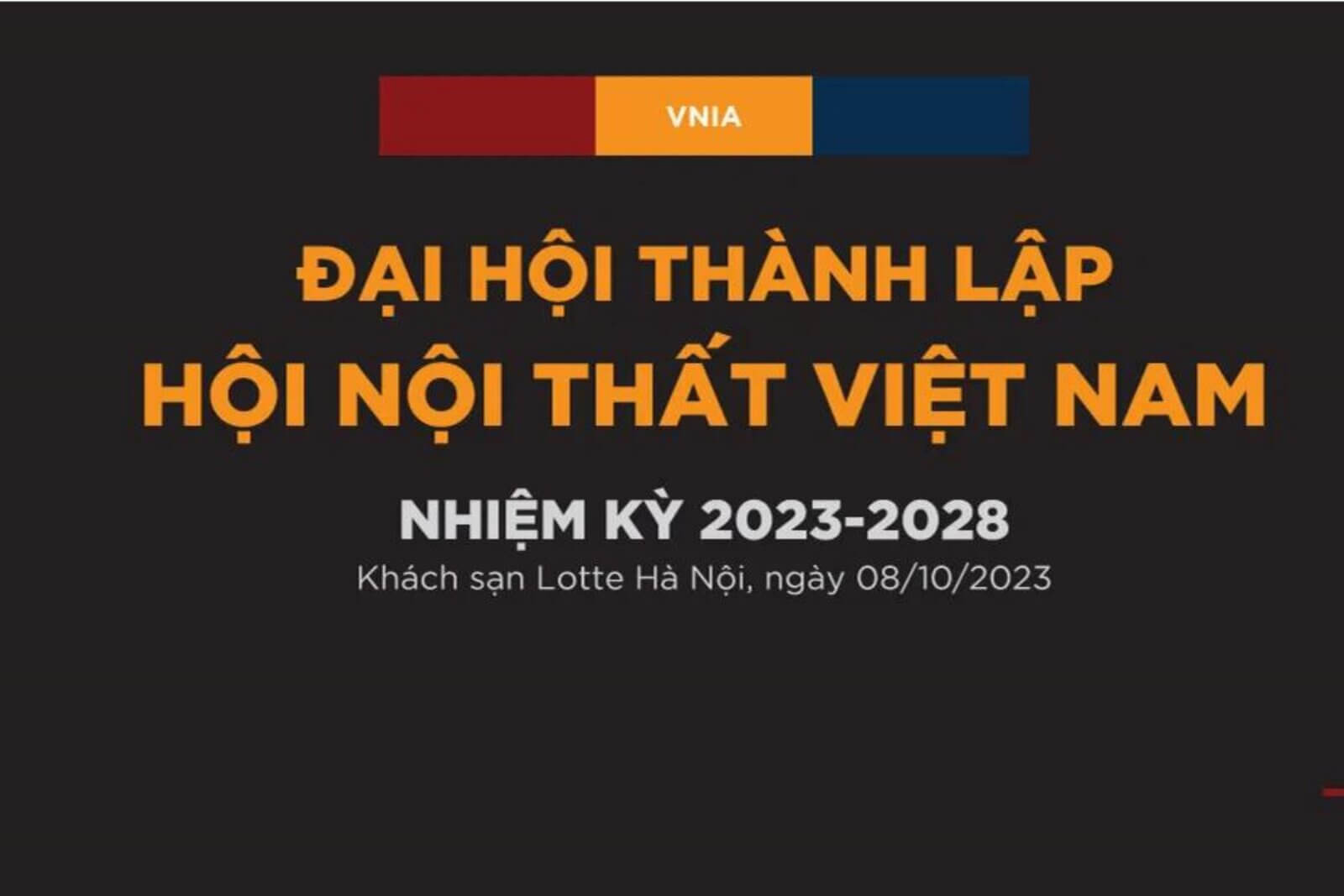 Banner Đại hội thành lập Hội Nội Thất Việt Nam đang hiển thị thông tin nhiệm kỳ 2023–2028