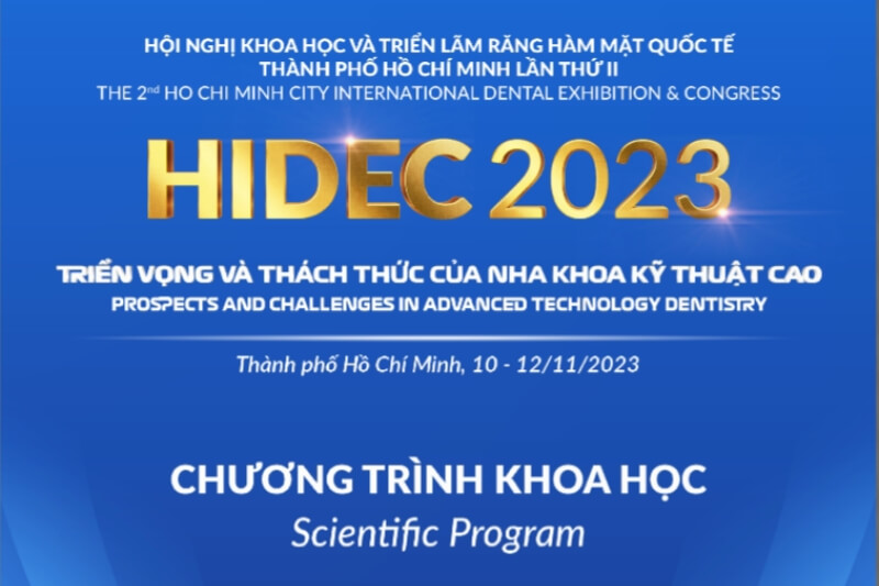 Banner hội nghị HIDEC 2023 đang hiển thị thông tin chương trình khoa học tại sự kiện