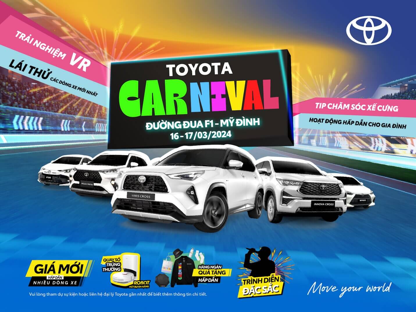 Banner sự kiện Toyota Carival đang hiển thị thông tin chương trình và hình ảnh xe tại sự kiện
