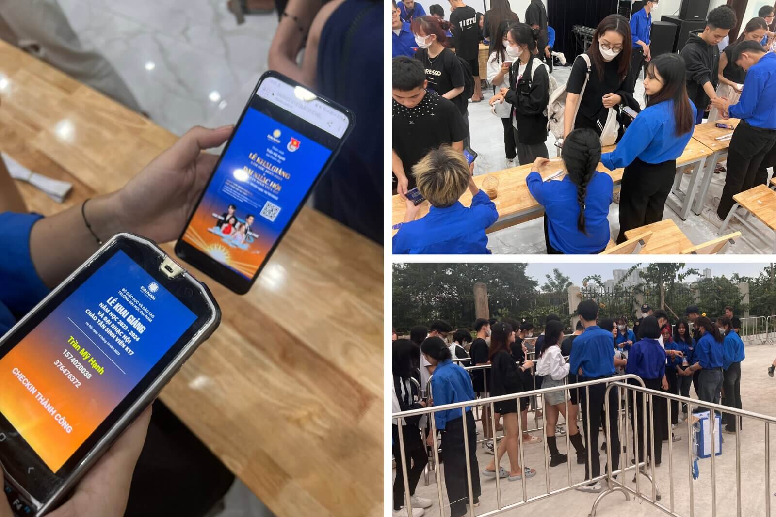 Khách tham dự đang sử dụng điện thoại để check-in tại đại nhạc hội Đại học Đại Nam