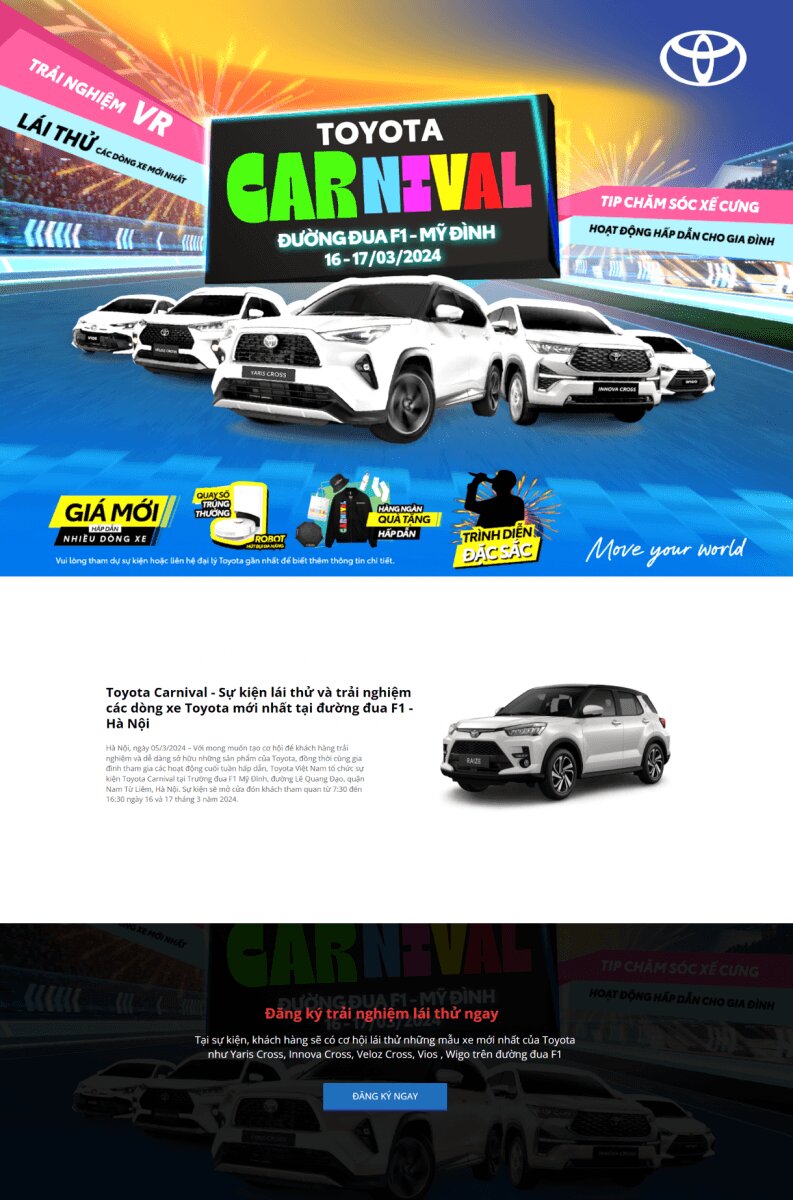 Màn hình đang hiển thị trang đăng ký trải nghiệm lái thử Toyota Carnival 2024