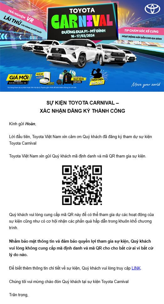 Email xác nhận đăng ký tham dự kèm mã QR cá nhân được gửi đến khách của sự kiện Toyota Carnival 2024
