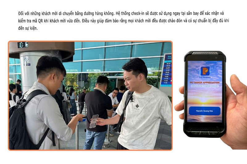 Khách mời đang quét mã QR Check-in tại sân bay để xác nhận tham dự sự kiện 