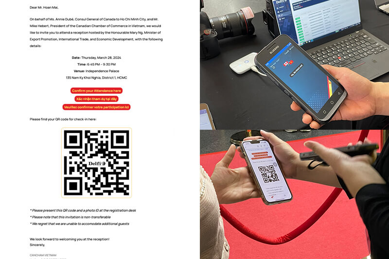 Máy quét QR code và điện thoại đang hỗ trợ Check-in khách tham dự tại khu vực đăng ký sự kiện.