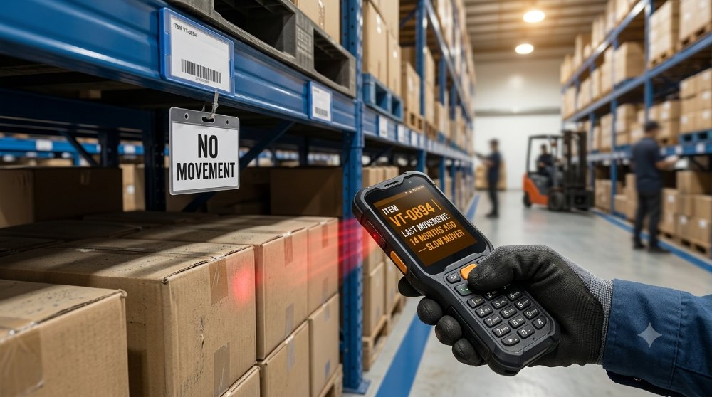 Máy PDA phát hiện thùng hàng lâu không phát sinh trên kệ kho