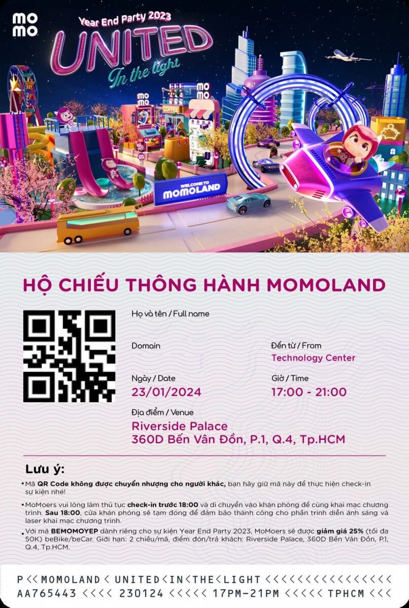 Thư mời sự kiện Momoland United 2023 đang hiển thị mã QR check-in và thông tin chương trình