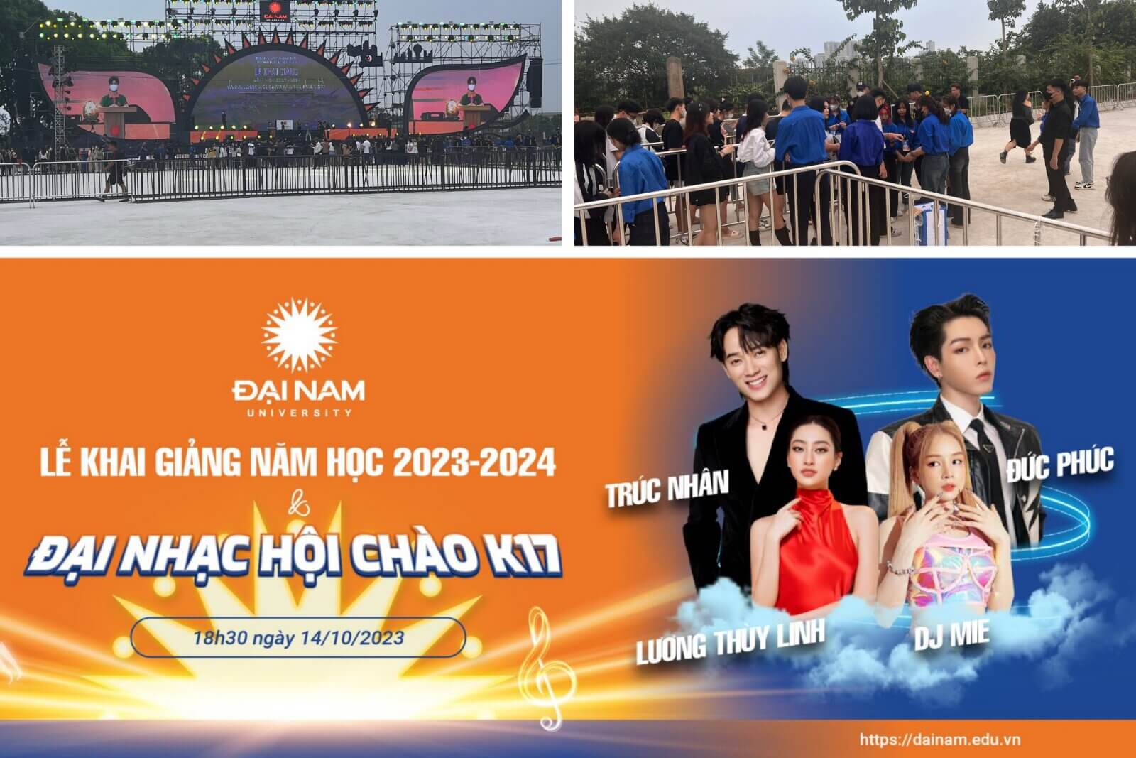 Khu vực sự kiện Đại học Đại Nam đang diễn ra hoạt động đón tân sinh viên và biểu diễn chương trình nghệ thuật