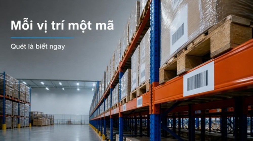 Tem mã vạch trên kệ và pallet trong kho dùng phần mềm quản lý kho bằng mã vạch