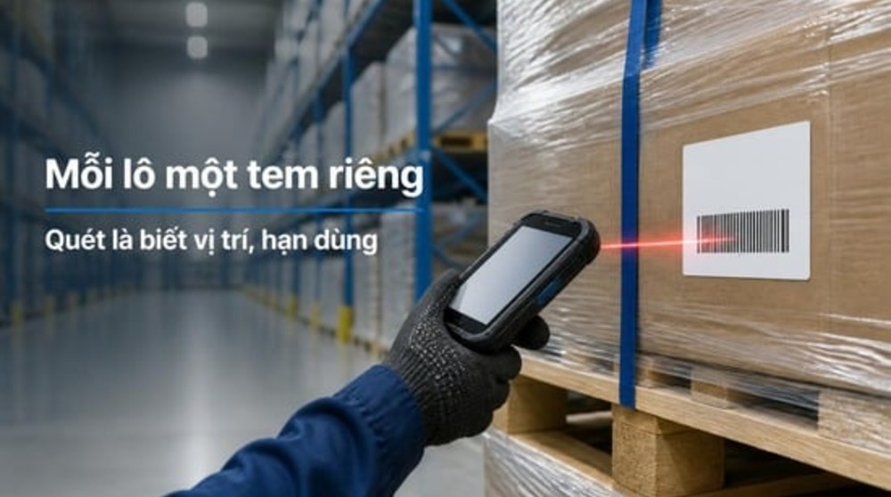 Quản lý kho nguyên vật liệu bằng mã vạch: quét tem lô trên pallet