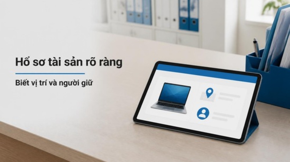 Hồ sơ tài sản trên phần mềm quản lý tài sản hiển thị vị trí, người dùng