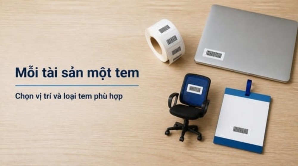 Tem mã vạch dán trên tài sản để kiểm kê tài sản bằng mã vạch