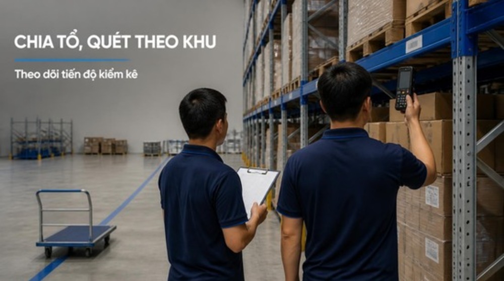 Tổ kiểm kê quét tem trong kho theo giải pháp kiểm kê tài sản