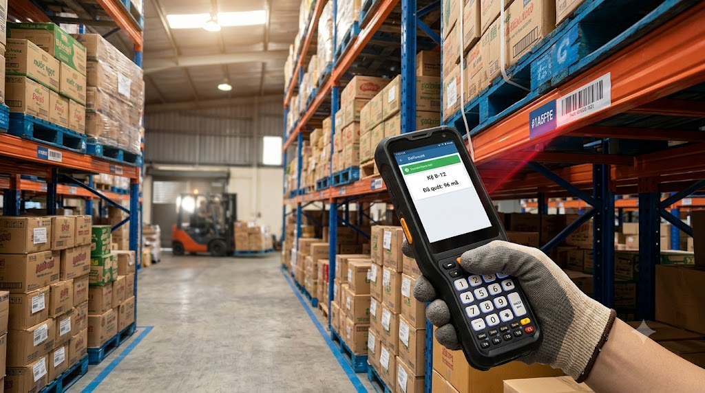 Máy PDA Point Mobile PM68 quét mã vạch kệ kiểm kê tại kho nhà phân phối