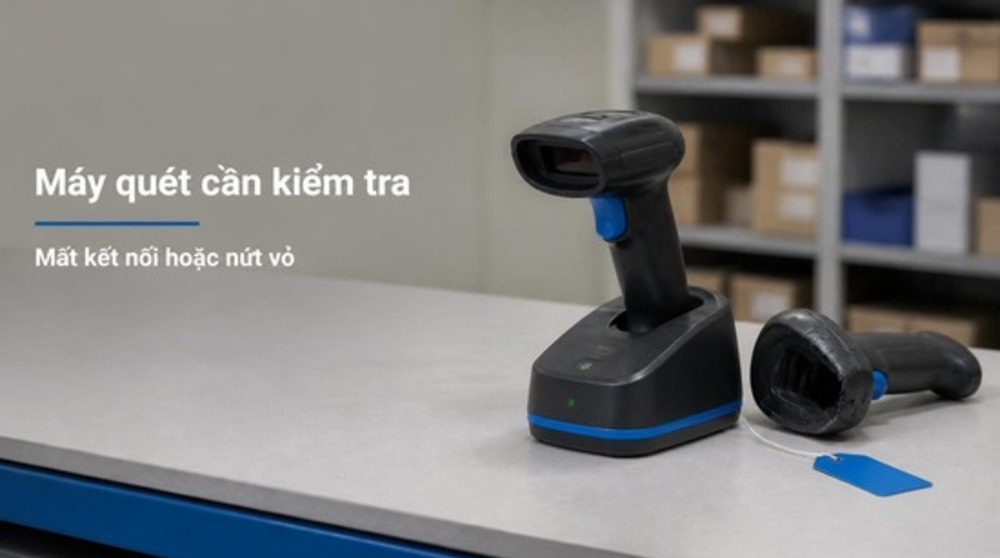 Máy quét mã vạch không dây trên đế sạc và máy nứt vỏ chờ sửa