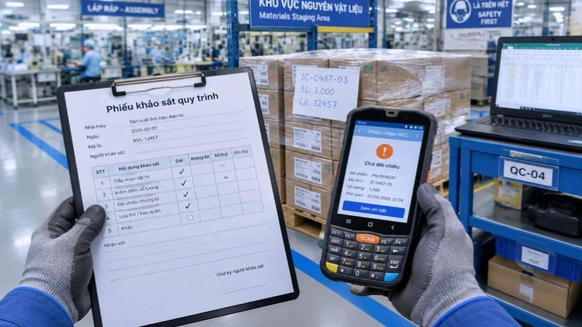 Chuyên viên Delfi khảo sát hiện trạng quy trình nhập kho vật tư tại nhà máy với máy PDA Point Mobile PM67