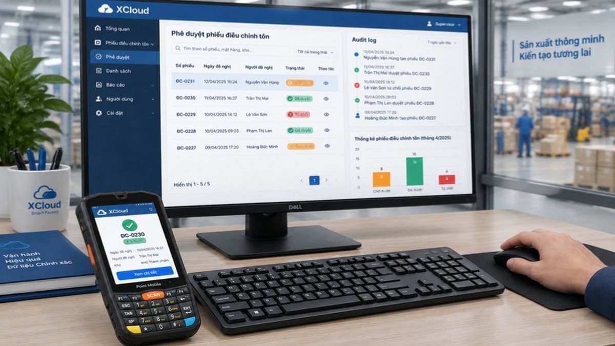 Màn hình XCloud Web hiển thị phê duyệt, audit log và báo cáo, đồng bộ với máy PDA Point Mobile PM67