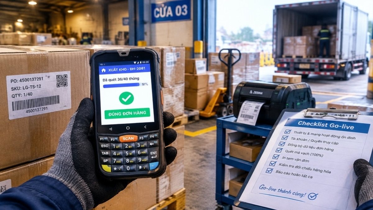 Máy PDA Point Mobile PM67 quét xuất kho trong ca go-live đầu tiên tại kho logistics với checklist onsite