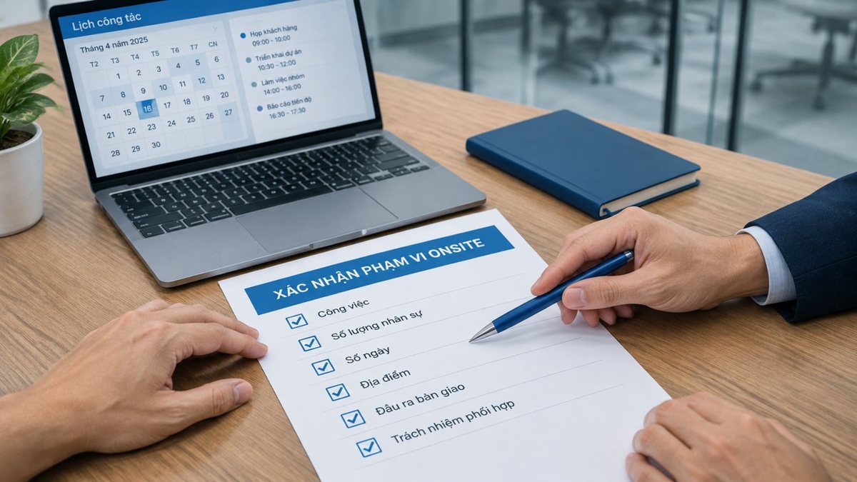 Checklist xác nhận phạm vi onsite gồm công việc, nhân sự, số ngày, địa điểm, đầu ra và trách nhiệm phối hợp trước khi triển khai