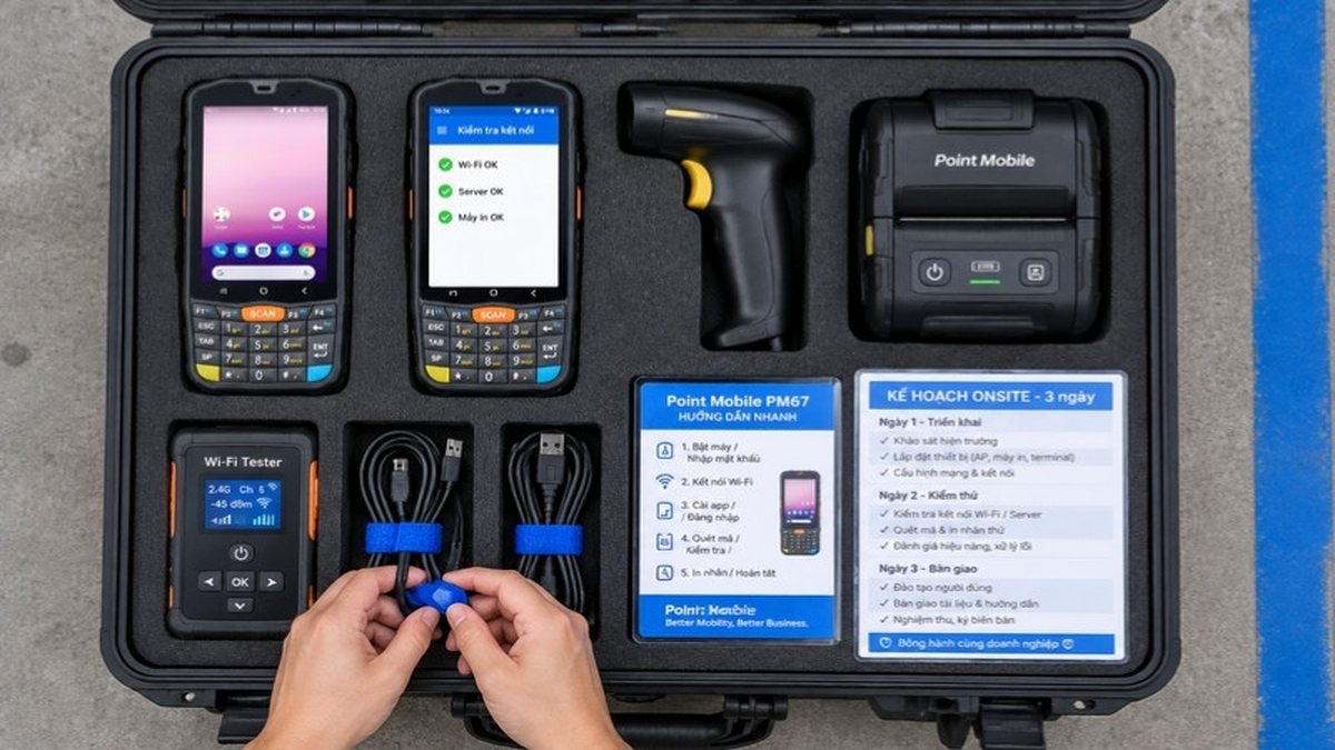 Bộ thiết bị triển khai onsite gồm máy PDA Point Mobile PM67, máy quét, máy in nhãn và kế hoạch onsite