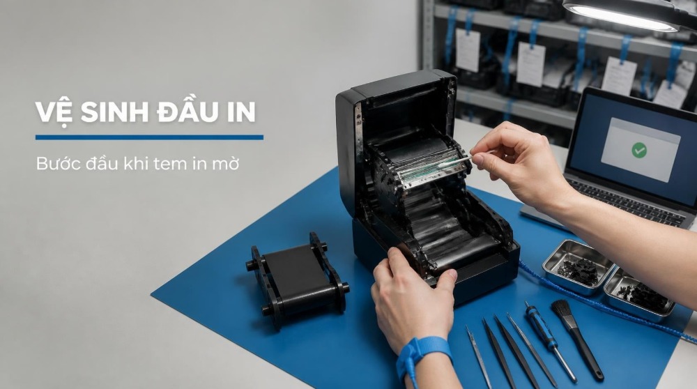 Kỹ thuật viên vệ sinh đầu in máy in mã vạch Zebra ZD421 tại bàn sửa chữa
