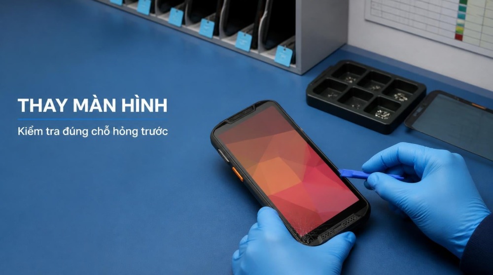 Kỹ thuật viên thay màn hình máy kiểm kho Point Mobile PM95 bị vỡ tại bàn sửa chữa