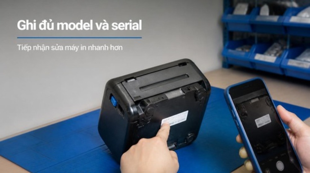 Chụp ảnh nhãn model và số serial trước khi gửi sửa máy in Bixolon