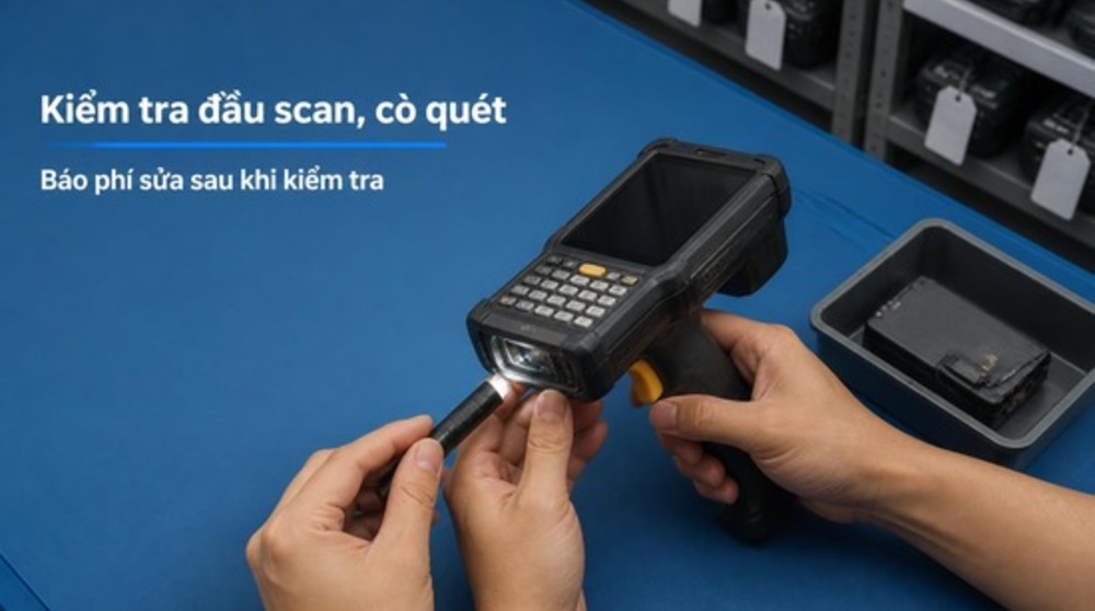 Kỹ thuật viên kiểm tra đầu scan khi sửa PDA Zebra tại bàn sửa Delfi
