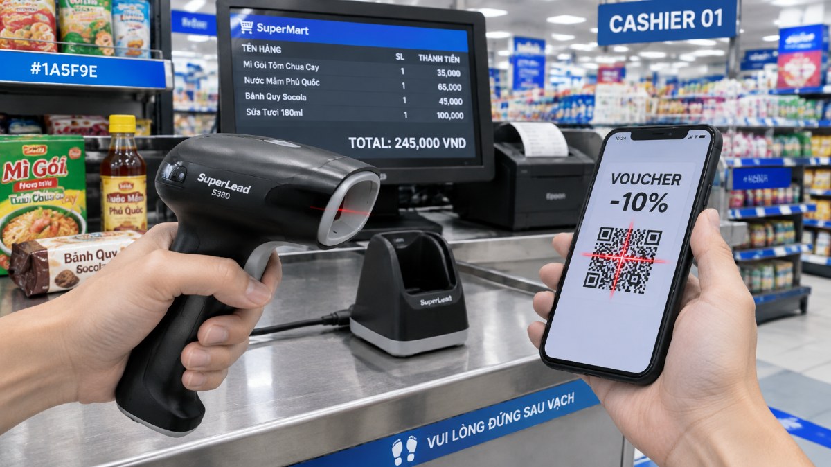 Máy quét SuperLead 5380 đang quét mã QR voucher trên điện thoại tại quầy thu ngân siêu thị