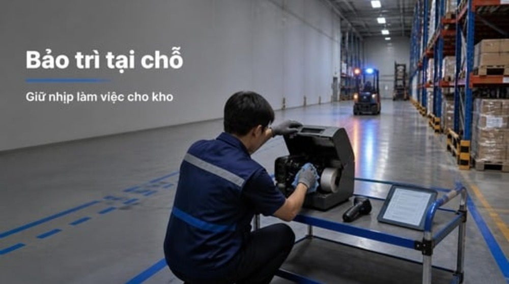 Kỹ thuật viên bảo trì thiết bị mã vạch tại chỗ trong kho theo gói DelfiCare