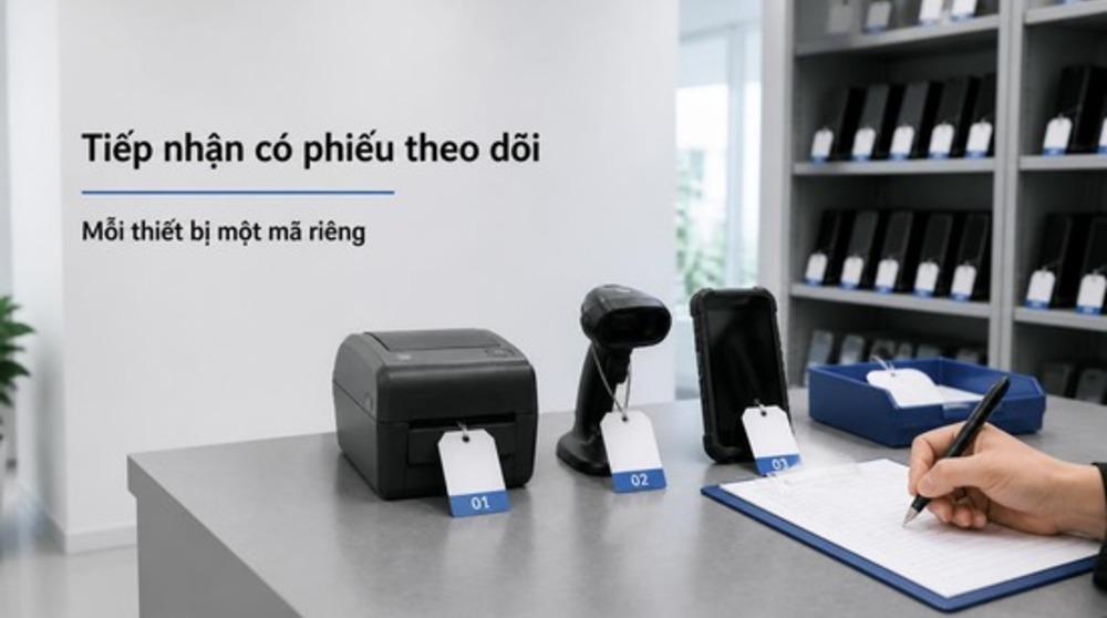 Khu tiếp nhận tại trung tâm sửa chữa thiết bị mã vạch với phiếu theo dõi