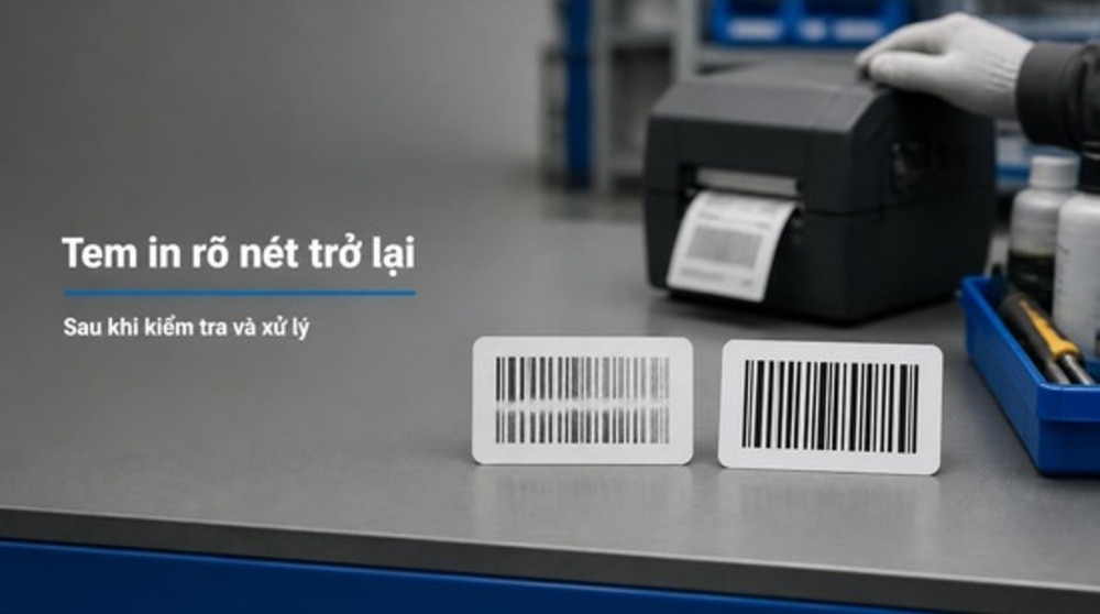 Tem mã vạch in mờ và in rõ trước sau khi sửa máy in tại TPHCM