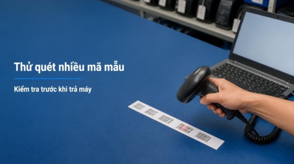 Thử đọc mã mẫu khi sửa máy quét mã vạch TPHCM tại bàn kỹ thuật Delfi