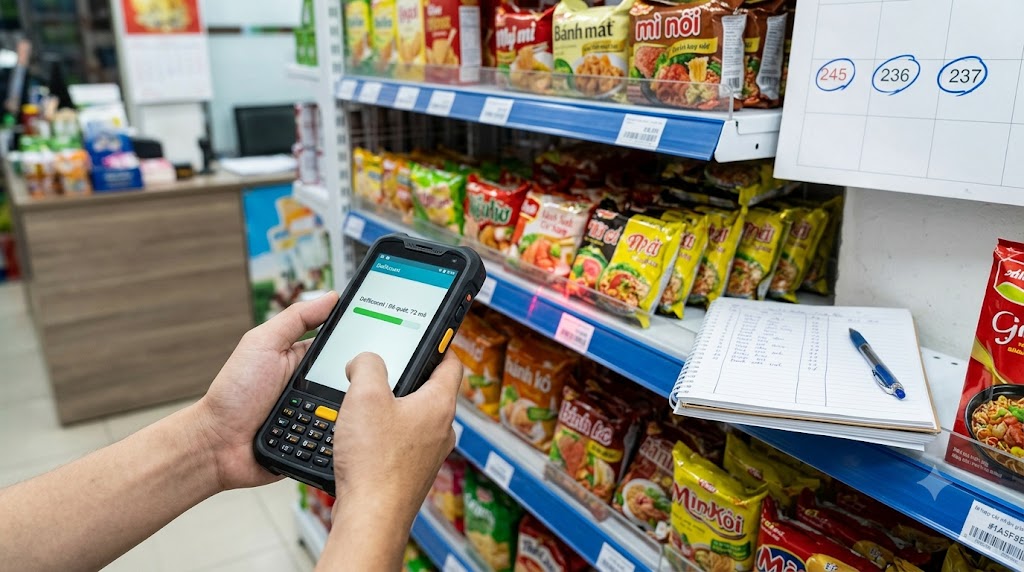 Nhân viên dùng PDA thuê kiểm kê đột xuất tại cửa hàng trong 3 ngày